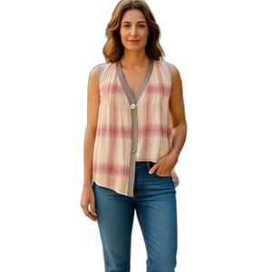Elizabeth and James X-Small Cotton Sheer Plaid Blouse Multi-Color One Button